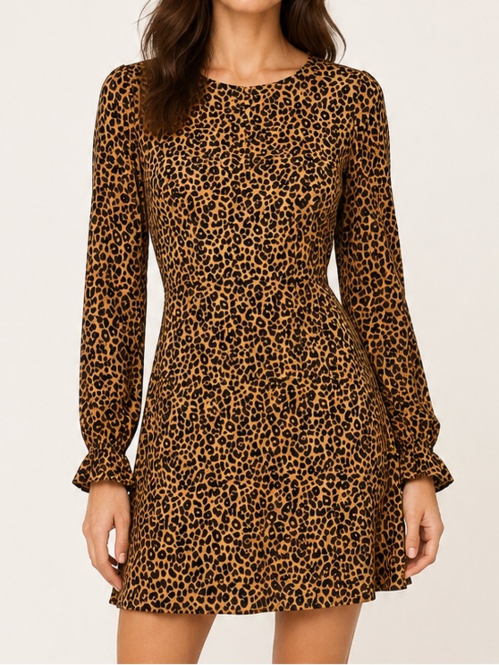 H&M Divided Leopard Print Fit & Flare Mini Dress Size 4 Long Sleeve